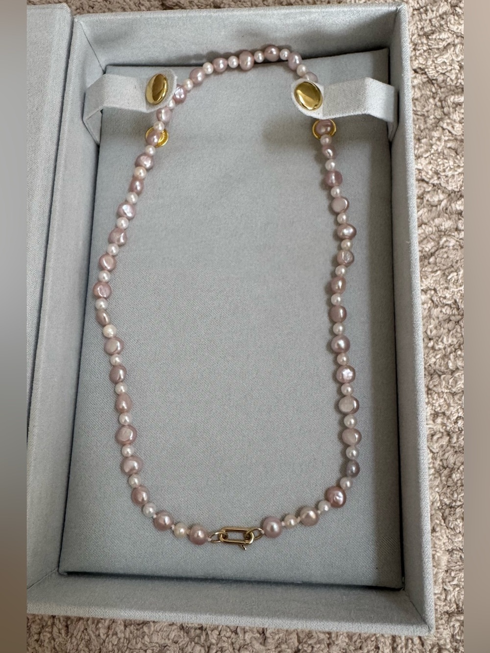 MWOTBaby Gold Blush & White Pearl Necklace With 14K Gold Petite Paper Clip Clasp - Picture 7 of 10